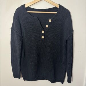 Black Waffle Knit Button V-neck Sweater